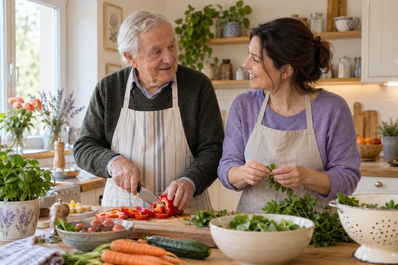Ein älterer Mann und seine Begleitung bereiten gemeinsam eine Mahlzeit zu