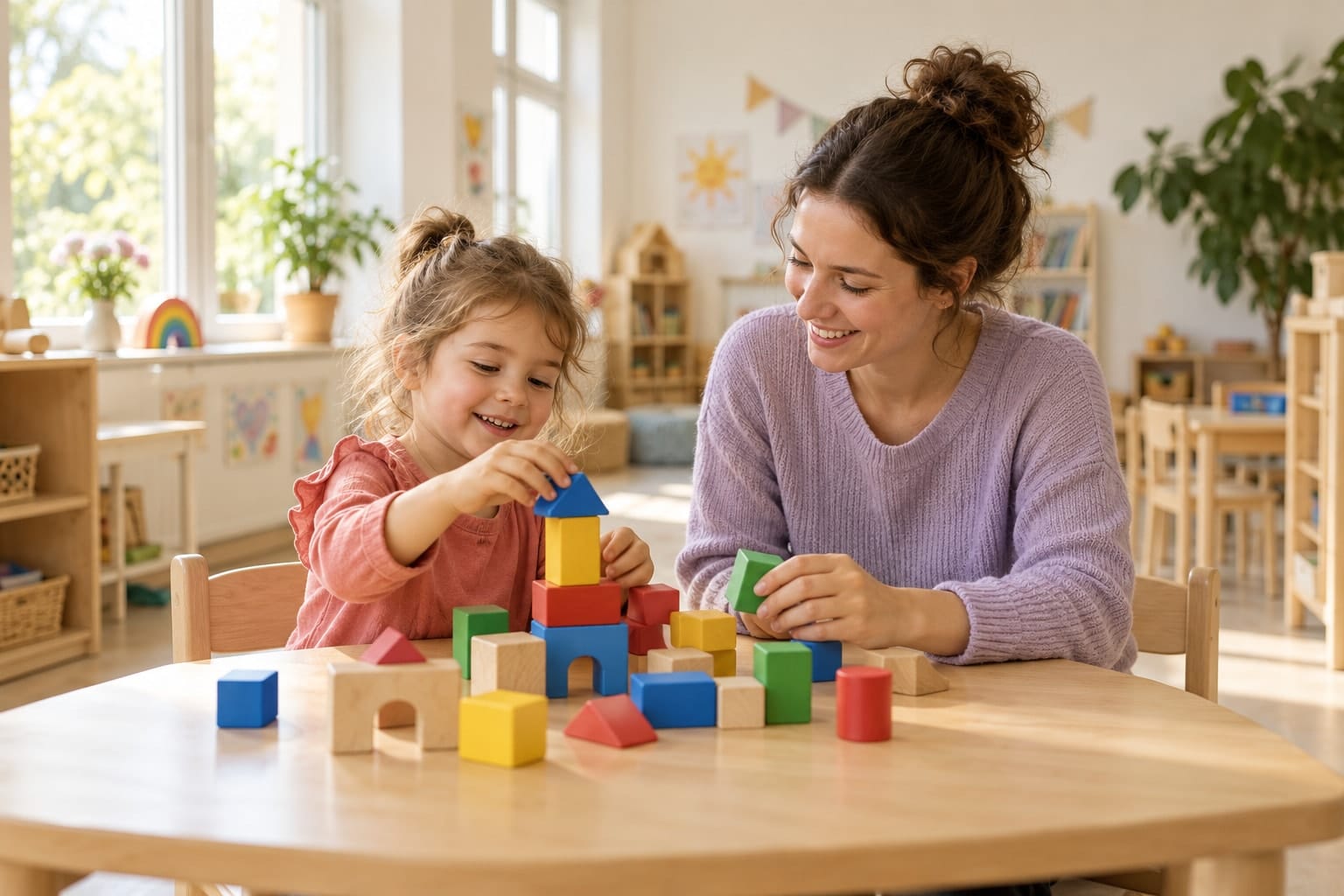 Ein Kind im Kita-Alter und eine erwachsene Begleitperson beim gemeinsamen Spielen