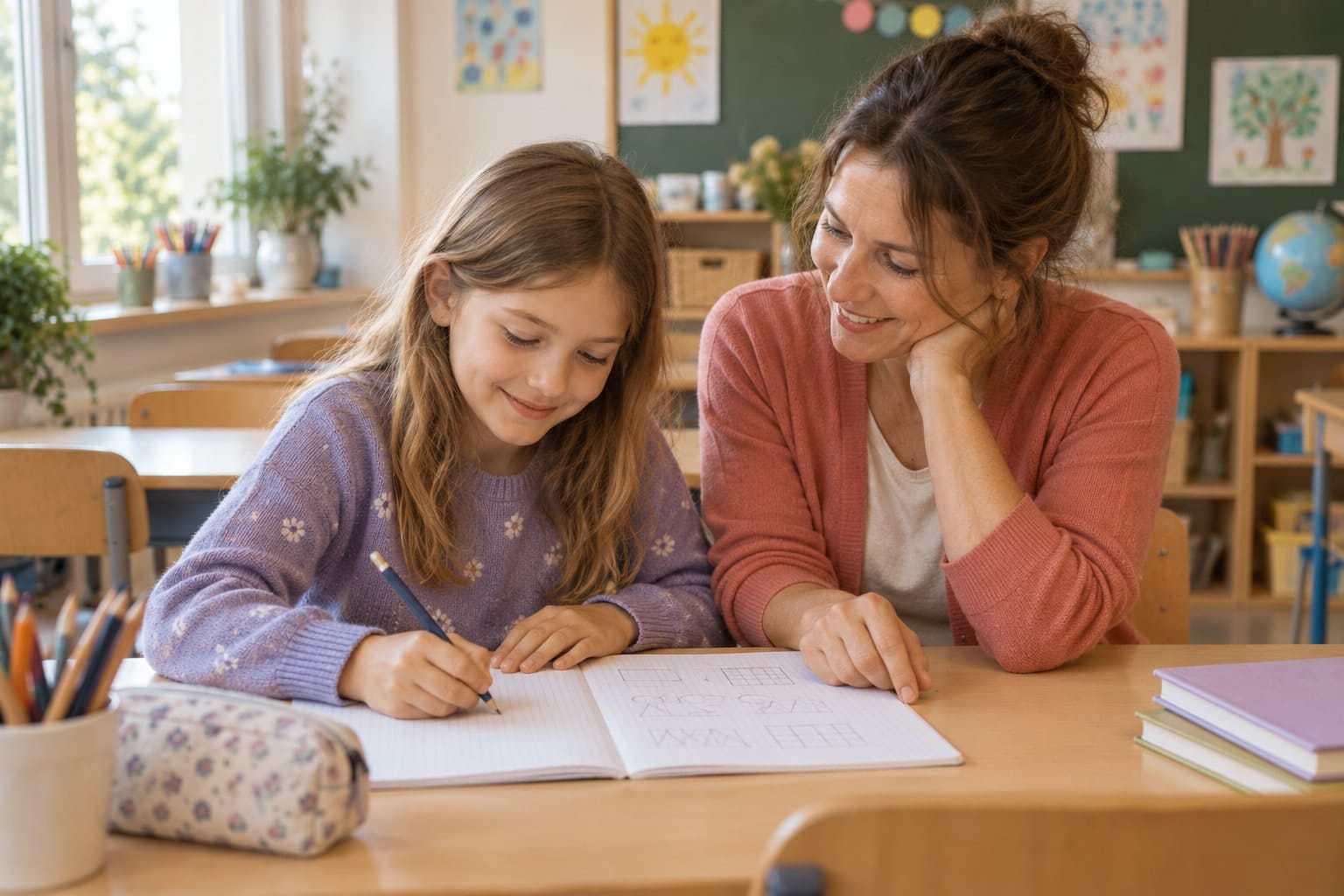 Ein Kind arbeitet gemeinsam mit seiner Schulbegleiterin an einem Lernheft